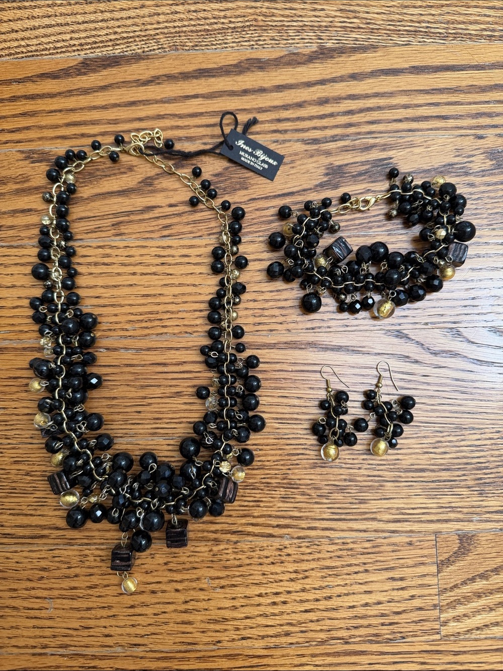 Murano Glass Black and Gold Beaded Necklace, Bracelet & Earring Set, NWT